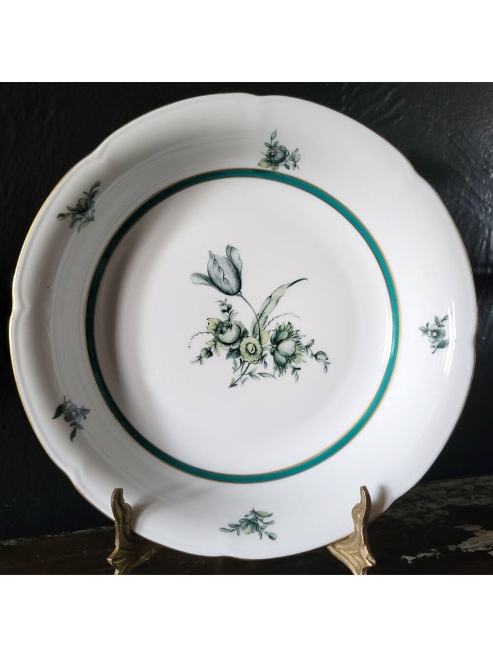Vintage Royal Bayreuth Teal Tulip Coupe Bowl 7.625" Floral Design With Gold Trim